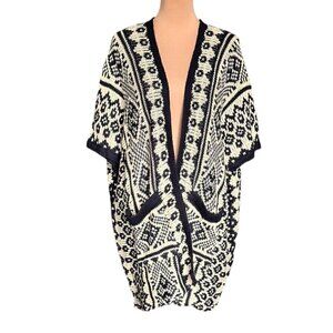 NWOT Love, Zoe Open Front Cardigan Sz.L Knit Cream Black Western Boho Aztec